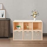 PIAOYUE Floor Standing Deep Cube Storage Cabinet, Easy Assemble Solid Wood Bookcase with 3 Non-Woven Fabric Baskets, Freestanding Modular Cubby Organizer for Kids Room Apartment Homestay