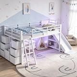 Bellemave Twin Loft Bed with Slide & Ladder, Metal Kids Loft Bed with Storage Drawers & LED Lights, Low Loft Bed Twin Size with Wood Wardrobe & Bookcase, Loft Bed for Kids Teens, White