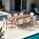 OC Orange-Casual 9 Piece Patio Furniture Set, Acacia Wood Patio Dining Set for 6-8, Outdoor Expandable Table and Chairs Set and Breathable Textilene Fabric for Garden, Lawn, Yard and Poolside (White)