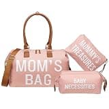 printe Mommy Diaper Bag Tote with 2 Organizer Pouches, Spacious 17.7in Mom’s Bag for Hospital and Weekender Travel, Pink