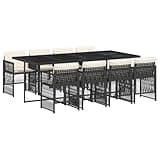 Kaorsrow 9 Piece Patio Dining Set, Black Poly Rattan Outdoor Furniture with Rectangular Tempered Glass Table, 8 Space Saving Chairs and Cushions for Backyard, Garden and Outside