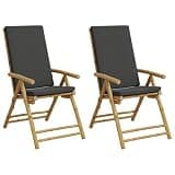 Solid Bamboo Patio Reclining Chairs 2 Pcs with Cushions, Five-Position Adjustable Backrest Folding Outdoor Recliners for Relaxation, Removable Washable Covers