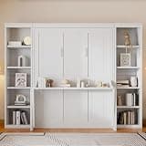 Vifya Queen Size Murphy Bed with Desk and Bookshelf, White