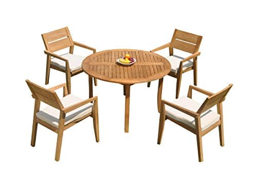 TeakStation 4 Seater Grade-A Teak Wood 5 Pc Dining Set: 48" Round Table and 4 Vellore Stacking Arm Chairs #31VL1005