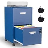 Kubohogar 2 Drawer Mobile File Cabinet with Lock, Blue Metal Filing Cabinets with Wheels, Vertical Rolling File Cabinet Fit Hanging Files, Letter and A4 Documents