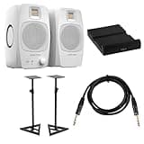 Adam Audio D3V 3.5" 80W Desktop Monitor, Pair, White, Bundle with 2X Studio Stand, 6' Platinum Pro Interconnect Cable and Isolation Pad