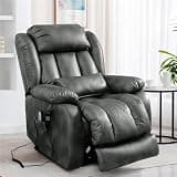 Extra Large Power Lift Recliner Chair for Adults, Dual Motor Lay Flat Infinite Position Electric Sofa with Massage and Heat, Breathable Leather Upholstered Recliner with USB, Silver Gray