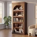 Tall Cabinet Bookcase with LED Strip, Display Cabinet Walnut Finish with Adjustable Shelf, Mid Century Modern Curio Cabinet for Living Room, Dining Room, Study Room, Entryway, Open-Shelves