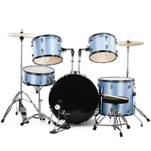 Full Size Adult 5 Piece Blue Drum Set with Bass Drum Tom Snare Floor 16 Ride Cymbal 14 Hi Hat Stool Pedal Sticks