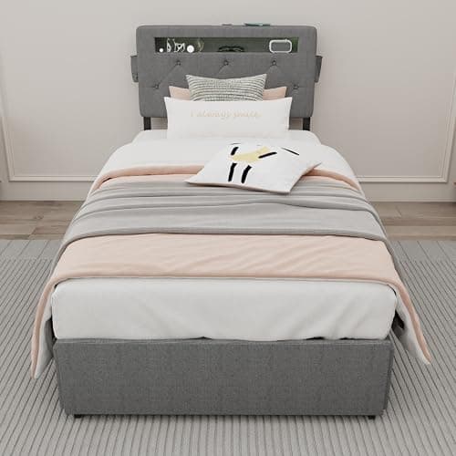 Caforkp Twin Motion-Activated LED Upholstered Platform Bed Frame, Dark Grey, with Contemporary Design, No Box Spring