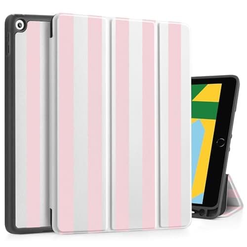 Tuiklol for iPad 10.2 Inch 2021 2020 2019 Release 9th / 8th / 7th Generation Case, Built-in Pencil Holder TPU Protective Stand Back Cover Trifold Stand-Auto Wake/Sleep, Striped Pink