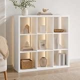 Furevol 9-Cube Reversible Extra Thick Frame Bookcase, LED Bookshelf, Open Back Display Storage Shelves, Book Shelf with LED Lights, for Bedroom, Living Room, Home Office, White