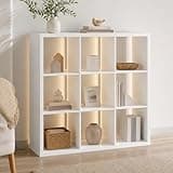 Furevol 9-Cube Reversible Extra Thick Frame Bookcase, LED Bookshelf, Open Back Display Storage Shelves, Book Shelf with LED Lights, for Bedroom, Living Room, Home Office, White