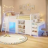 ADORNEVE Low Loft Bed with Desk and 5 Storage Drawers,Twin Loft Bed with Bookshelf and Blackboard,LED Lights & Under-Bed Play Space,Kids Loft Beds with 14''H Safety Guardrail,Inclined Ladder, White