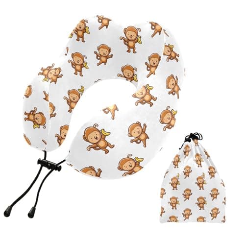 OTVEE Cheerful Monkey Pattern Travel Pillow, Memory Foam Neck Pillow Head Support Soft Pillow for Sleeping Rest, Airplane Car & Home Use