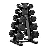 CAP 150 lb Rubber Coated Hex Dumbbell Set with Vertical Rack, Space-Saving A-Frame Storage for Home Gym Strength Training, Chrome Handle, Black Rack