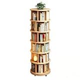 ALKSDNQ 6 Tier Solid Wood Rotating Bookshelf, 360° Spinning Round Revolving Bookcase Tower with Wheels, Circular Bookshelf Organizer Ideal for Corner, Bedroom, Kids’ Room, Office — Natural