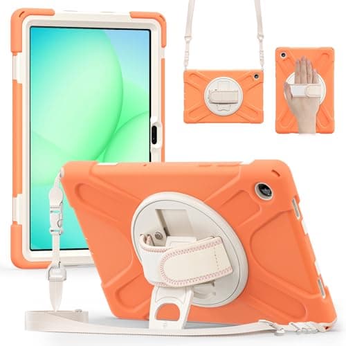 KAHITE Case for Galaxy Tab A11+ Plus 2025, with Screen Protector+360 Rotating Hand Strap&Stand+Shoulder Strap (Orange, Galaxy Tab A11+)