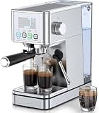 Parvusli 20-Bar Espresso Machine, Compact Stainless Steel Cold Brew Machine, Equipped with a Milk Frother & Steam Wand, 57.5OZ Removable Water Tank, Custom Time, Silver, for Home Use