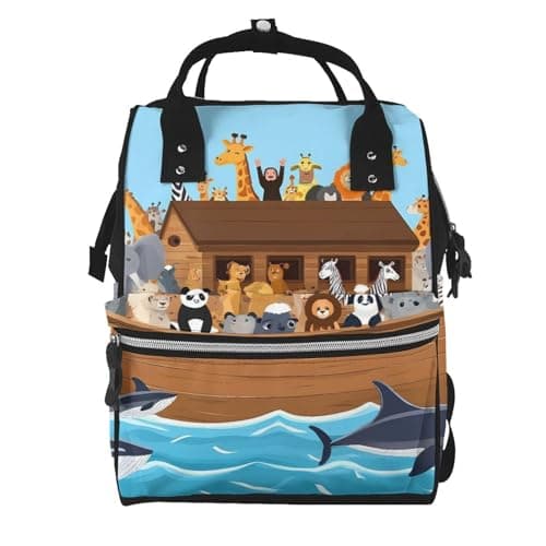 Qewfoju Animals on Noah's Ark Pattern Diaper Bag Backpack Multifunctional Baby Bags for Baby Girls & Boys Large Capacity Travel Diaper Bags for Moms and Dads