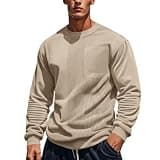 Men Ribbed Patchwork Crew Neck Sweatshirt Long Sleeve Loose Fit Shirts Fall Winter Athletic Casual Fashion Tops Khaki