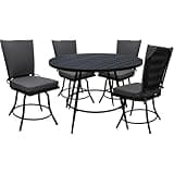 Pemberly Row Outdoor Indoor Patio Dining Set, 5-Piece, 42 in Round Table, Aluminum Powder-Coated Frame, Slate Back Swivel Chairs, Removable Cushions, Dark Gray and Black, All Weather Fabric