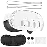 VR Accessories for Meta Quest 3, Anti-Scratch Plastic Protective Cover Shell Tempered Glass Lens Protector Joystick Caps Controller Wrist Strap Compatible with Oculus Quest 3