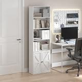 Furinno Jensen 6-Tier Farmhouse Book Shelf, White Bookshelf, Display Bookcase with Doors, 9.2 x 21.6 x 71.2, for Living Room, Bedroom, Home Office, Plain White