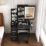 Vanity Desk Set with Lighted Mirror and Stool, Makeup Table with Sliding LED Lighted Mirror-3 Color Models, Makeup Desk with Drawers&Shelves&Dryer Holder&Power Socket, Dressing Table for Home Apt