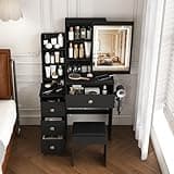 Vanity Desk Set with Lighted Mirror and Stool, Makeup Table with Sliding LED Lighted Mirror-3 Color Models, Makeup Desk with Drawers&Shelves&Dryer Holder&Power Socket, Dressing Table for Home Apt
