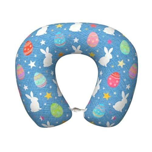 VAFZASC Comfortable Travel Pillow for Pain Relief Sleeping, Memory Foam Airplane Car Neck Pain Pillows Blue Easter Colorful Eggs Star Bunnies, Funny Chin Head Support Cushion