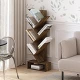 Furinno 7-Tier Tree Book Shelf with Bottom Shelf, Rustic Brown Bookshelf, Tree Bookcase, 8.4 x 16.9 x 46.2, for Living Room, Bedroom, Home Office, Amber Oak