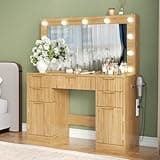 Gyfimoie Fluted Vanity Desk w/Mirror and Lights, Big Makeup Vanity Table w/Power Outlet, 5 Drawers and 2 Cabinets, Large Modern Dressing Table w/6 Hidden Sliding Shelves for Bedroom