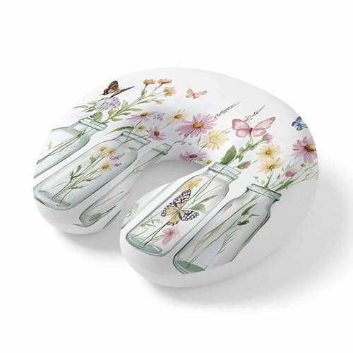 ZFUNCING Travel Pillows U-Shaped Neck Pillow Watercolor Spring Flowers in Vase Ergonomic Memory Foam Pillow Head Cushion,Farm Floral Butterfly Soft Portable Neck Pillows for Office Airplane Car Train