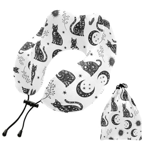Gothic Cats Moons White Print Travel Neck Pillow for Sleeping Airplane Memory Foam Neck Support Pillow with Storage Bag Sleeper Hold Pillow for Adults Kids Long Flight Car Train Bus Home Office