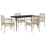 Kaorsrow 5 Piece Garden Dining Set, Outdoor Patio Furniture with Rectangular Acacia Wood Table and 4 Poly Rattan Chairs, Contemporary Beige Dining Set with Padded Cushions for Backyard and Terrace