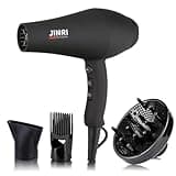 JINRI Professional Hair Dryer, 1875W, 3 Heat & 2 Speed, with Diffuser, with Concentrator, Ionic Technology & Infrared - Black, Detachable Air Intake, Non-Foldable, Hanging Strap, 125V, JR-104D
