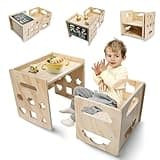Satisure Montessori Weaning Table and Chair Set, Wooden Toddler Table and Chair Set, 1-3 Age Kids Table and Chairs with Blackboard & 3 Heights Adjustable for Eating & Drawing & Reading