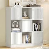 iPormis 9 Cube Bookshelf with Sliding Doors, Wooden Bookcase Storage Cabinet, Freestanding Cube Shelf Organizer for Books Decor in Living Room Bedroom Office, White