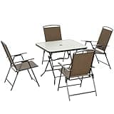 5 Piece Wicker Patio Dining Set Foldable Outdoor Table and Chairs with Umbrella Hole Tempered Glass Table Patio Furniture Set for Backyard Porch Balcony Garden Deck