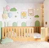 Bellemave Queen Floor Bed with Door for Kids, Queen Size Floor Bed with High Fence, Wooden Montessori Beds for Kids, Natural no slats