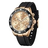 OLEVS Rose Gold Watch for Men Luxury Chronograph Two Tone Black Bezel Quartz Wrist Watch Waterproof Glowing Hands Flexible Silicone Strap Fashion Statement Gift for Him