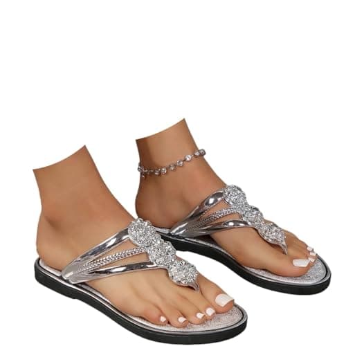 HDGSKPP Rhinestone Flip Flops for Women Dressy Flat Sparkle Flip Flops Summer Casual Lightweight Outdoor Slippers for Party Wedding Vacation Bling Thong Sandals for Women 2026