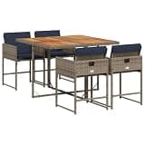 GHVBNMF 5-Piece Garden Dining Set, Acacia Wood Outdoor Table with 4 Poly Rattan Chairs and Cushions, Rectangular Grey Furniture Set for Patio, Backyard, Terrace, Seats 4