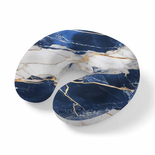ZRNLTDGHK Neck Pillow Navy Blue Grey Marble Travel Pillow Memory Foam U Shaped Pillows, Gold Foil Abstract Stripe Travel Neck Pillows for Airplane Car Office Home Sleeping Rest