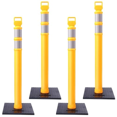 Kanayu 49 Inch Traffic Delineator Posts with 8.8 Lbs Rubber Base PE Delineator Post Portable Parking Pole Traffic Cone Barrier with Removable Base, Reflective Band(4 Packs,Yellow)