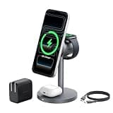 3 in 1 Magnetic Charging Station for Apple: Qi2 Certified 15W MagSafe Wireless Charger Stand, Nightstand & Desktop Phone Charger Dock for iPhone 17 Pro, Apple Watch, AirPods(30W PD Charger Included)