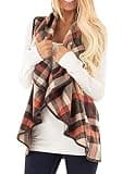 OMZIN Women Winten Asymmetrical Lapel Kimono Open Front Sleeveless Coat Fashion Plaid Vest with Pockets Khaki XL