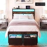 Juoerce Twin Bed Frame with 2 Drawers and Storage Headboard, Metal Platform with LED Lights and Charging Station, No Box Spring Needed, Noise Free, Easy Assembly