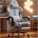 GTPLAYER Gaming Chair with Foot Rest & Pocket Spring Cushion, Ergonomic High Back Computer Desk Chair with Headrest & Lumbar Support for Back Pain Relief, Breathable Fabric, Mist-Blue